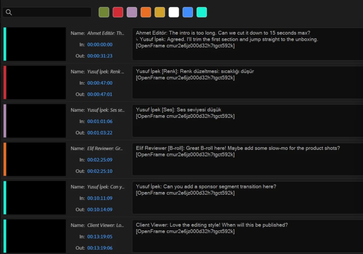 OpenFrame comments as colored markers in Premiere Pro's Markers panel